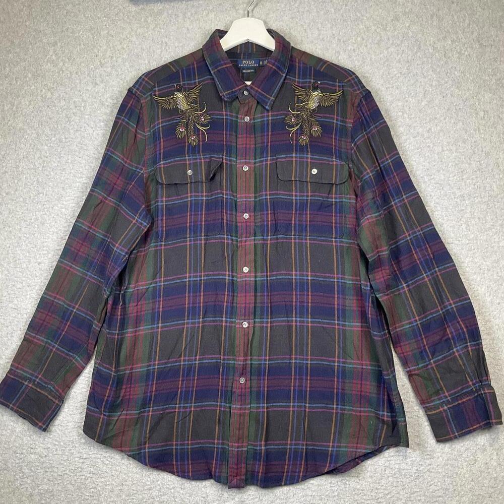 Polo Ralph Lauren Relaxed Fit Embroidered Peacock Plaid Flannel Shirt womens XL